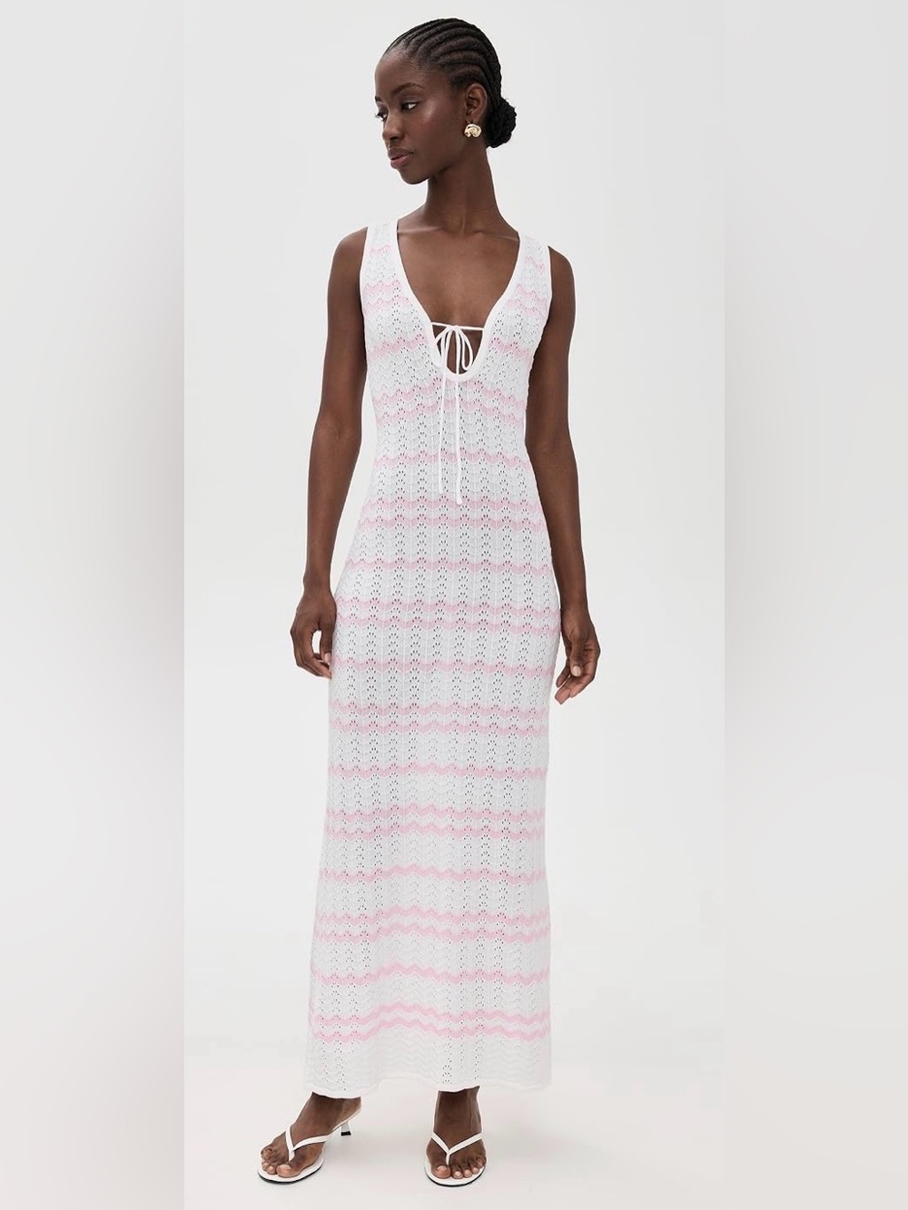 NWT Sleeveless White & Light Pink Crochet Maxi Dress with Tie Front